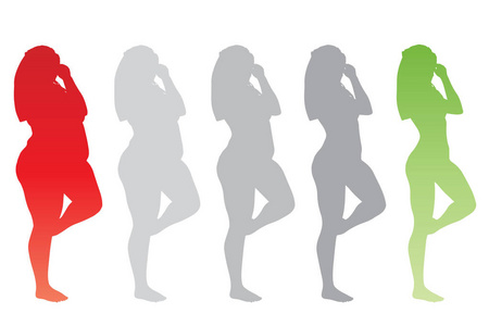 矢量概念脂肪超重肥胖女性与苗条健康身体后体重下降或饮食与肌肉稀薄的年轻女子隔离。健身, 营养或肥胖, 健康剪影形状