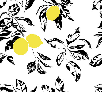 无缝模式与柠檬树手绘制黑色墨水。矢量图