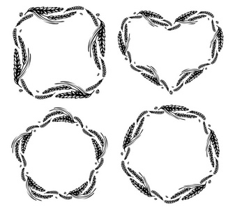 一套麦子和麦芽圆, 心, 星和方形的框架或花圈在白色背景。黑白手绘制的面包, 啤酒或标签设计草图。Jpg 包括隔离路径