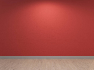 红色墙壁, 内部背景.混凝土抹灰和轻质木地板.3d 插图照片
