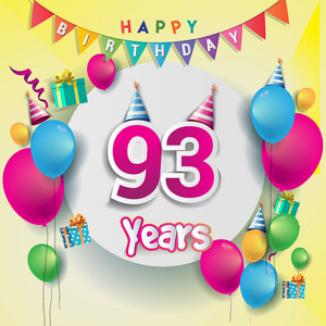93周年庆典设计与气球和礼品盒, 色彩鲜艳的设计元素横幅和邀请卡