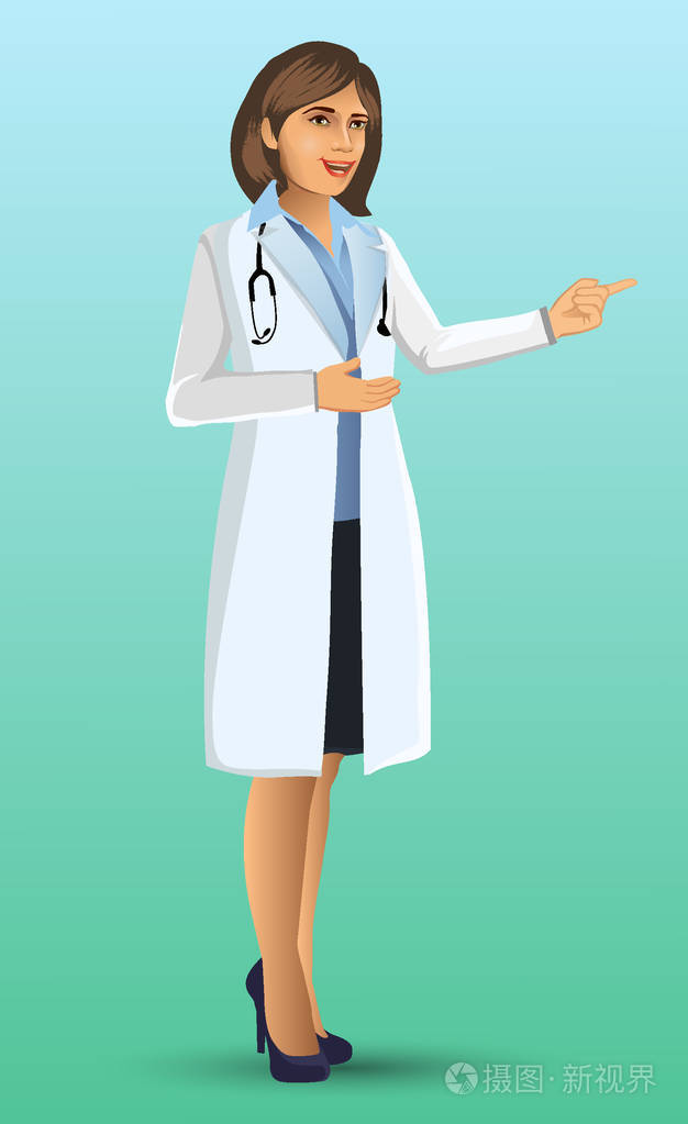 年轻的医生, 以站立的位置, 卡通图妇女医生提出, 医疗诊所医院职员