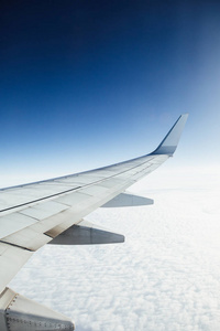 飞机机翼反对云彩和蓝天背景