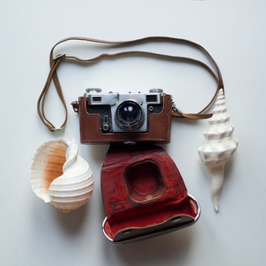 海洋贝壳和老式相机