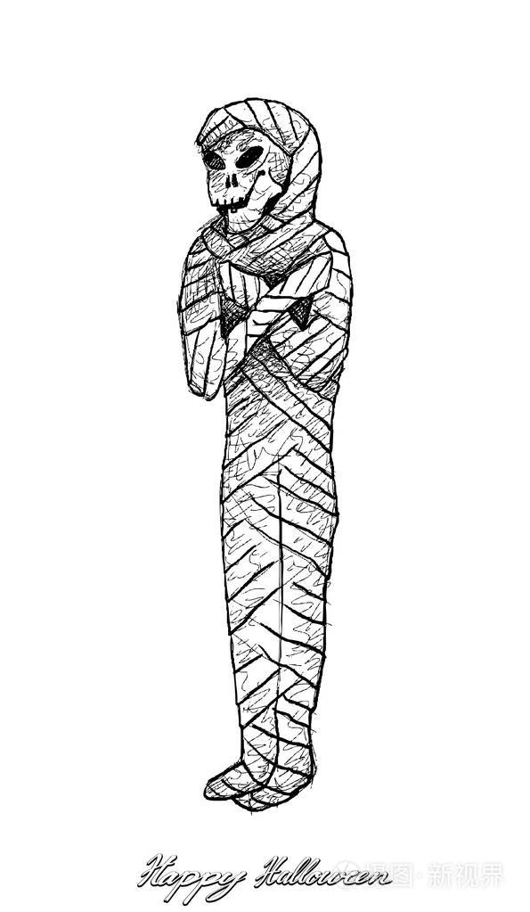 节日和庆祝例证手绘了木乃伊邪恶的剪影在白色背景被隔绝了万圣节庆典