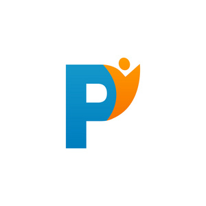 P 初始字母表字母徽标与橙色蓝色旋风人