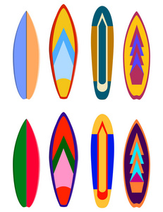 冲浪板设计。矢量冲浪板着色集。现实冲浪板为极限游泳, 例证套与颜色样式冲浪板材