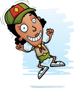 一个黑人女子童子军跳跃的卡通插图
