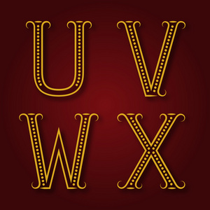 U V W，带阴影的金色字母 X