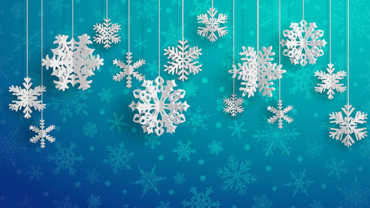 圣诞插图白色三维纸雪花挂在浅蓝色背景上