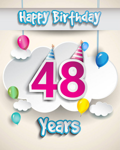 48周年庆典设计, 有云和气球, 五彩纸屑。矢量模板元素为您的, 六十八年生日庆祝党