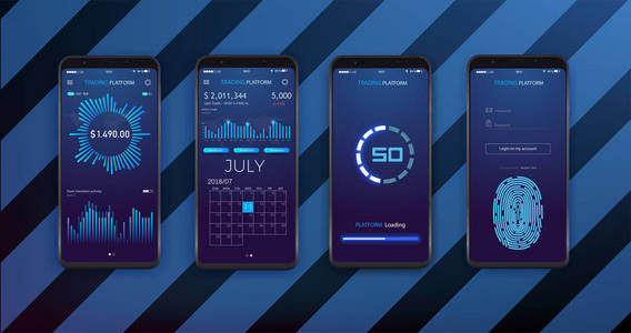 用于移动应用程序的 UiUx 和 Gui 模板布局。统计仪表板。智能手机屏幕与股票市场