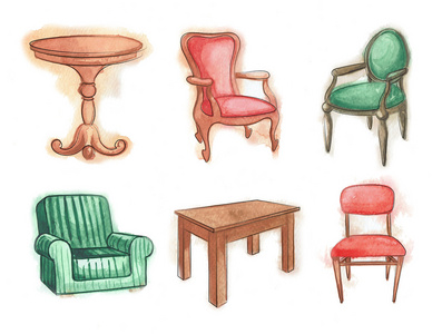 桌子和椅子.木制家具.手绘图水彩.速写集孤立照片