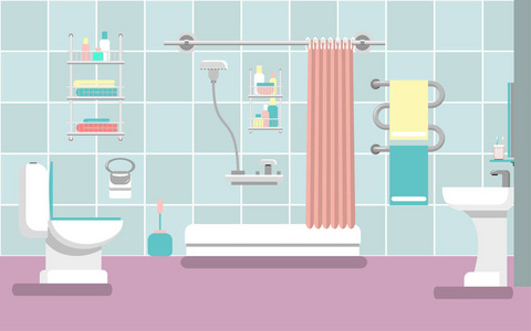 洗浴插图浴室的内部与淋浴的风格扁平.矢量插图照片