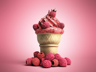 冰淇淋与覆盆子和巧克力屑在华夫饼杯3d 渲染颜色