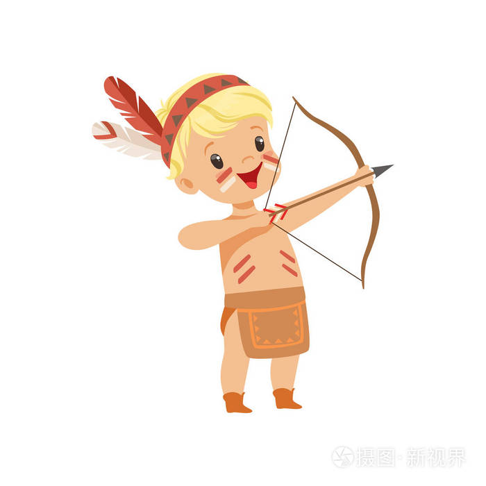 男孩穿着印第安人的服装和头饰拍摄弓, 孩子玩美国印第安矢量插图白色