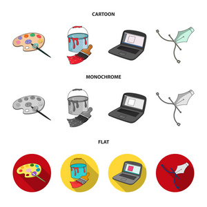 带有刷子的调色板带有画笔的桶计算机工具钢笔。艺术家和绘图集图标在卡通, 平面, 单色风格矢量符号股票插画网站