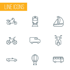 过境图标线风格设置与敞篷车, 公共汽车, 船舶和其他自行车元素。独立的插图中转图标