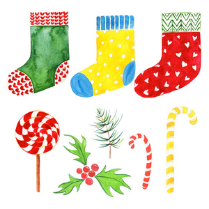 圣诞作文。8非常详细的圣诞水彩插图。袜子绿色, 黄色, 红色, 槲寄生红色, 圣诞糖果, 冷杉树枝
