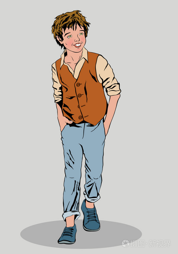 这个男孩是微笑和穿着牛仔裤和衬衣背心