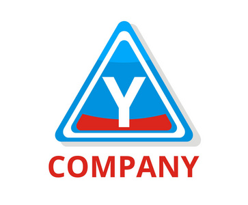 蓝色和红色眼镜三角形按钮 web 徽标图形设计与现代清洁风格的任何专业公司与初始类型字母 y 在它