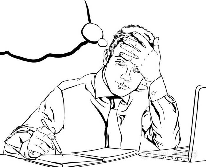 坐在他的办公桌在后台的伤心的疲劳的办公室员工插画-正版商用图片0s