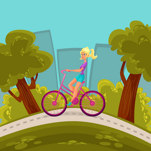 女孩骑着自行车穿越城市