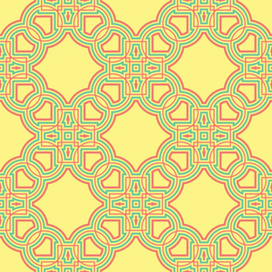 几何无缝图案。黄色背景以粉红色和绿色设计为墙纸纺织品和织品