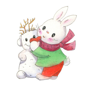 在白色背景下被孤立的雪人可爱的兔子.画水彩和墨水.手绘插图照片