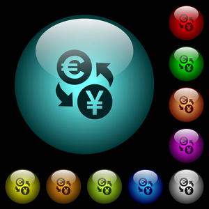 欧元货币交换图标在彩色照明球形玻璃按钮黑色背景。可用于黑色或深色模板