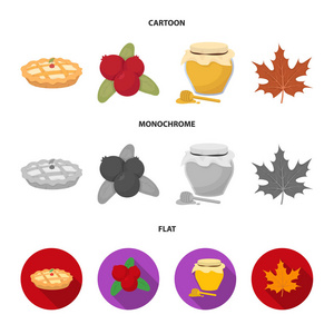 蔓越橘, 南瓜馅饼, 蜂蜜壶, 枫叶。加拿大感恩节集合图标在卡通, 平面, 单色风格矢量符号股票插画网站