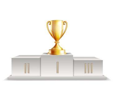 登上领奖台优胜者与金色奖杯照片