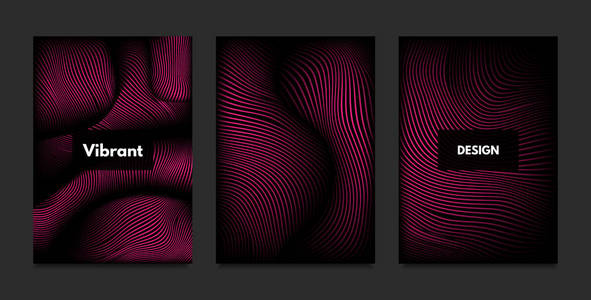 波。抽象几何。封面设计模板集3d 效果。带波浪线的充满活力的渐变。时髦的粉红色现代插图与失真。媒介波浪为小册子企业海报书