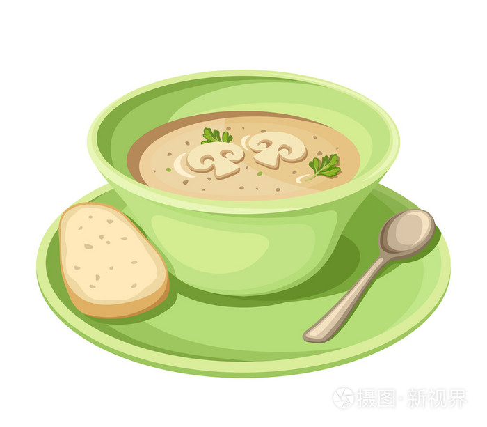 在绿色的盘子里的蘑菇奶油汤.矢量图