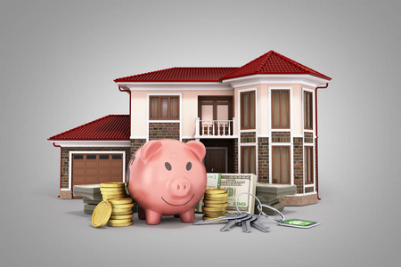储蓄的概念买房子钱猪美元栈房子3d 渲染灰色