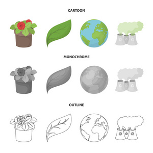 一个加工厂, 花在一个花盆里, 一片绿叶, 一颗行星地球. 生物与生态集合图标在卡通, 轮廓, 单色矢量符号股票插画网站
