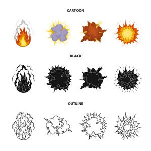 火焰, 火花, 氢碎片, 原子或气体爆炸, 雷暴, 太阳爆炸。爆炸集合图标在卡通, 黑色, 轮廓风格矢量符号股票插画网站