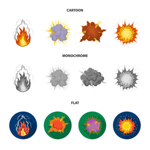 火焰, 火花, 氢碎片, 原子或气体爆炸, 雷暴, 太阳爆炸。爆炸集合图标在卡通, 平面, 单色风格矢量符号股票插画网站