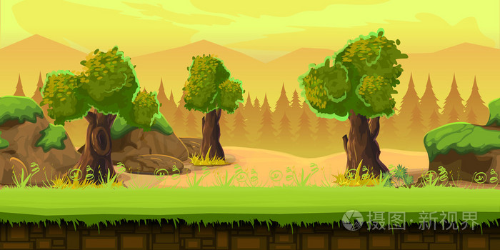 动漫游戏的无尽矢量自然背景森林景观.树上, 石头, 艺术插图