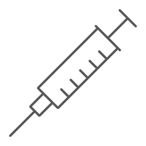 注射器注射薄线图标, 医疗和医院, 针标志, 矢量图形, 一个线性模式在白色背景, eps 10