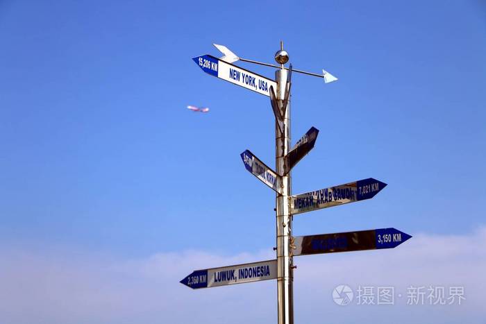 方向箭头路标与距离到许多不同的城市在世界上