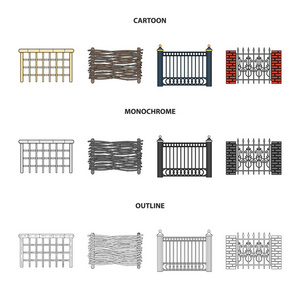 一块金属和砖块的栅栏, 木栅栏。一个不同的围栏集合图标在卡通, 轮廓, 单色风格矢量符号股票插画网站