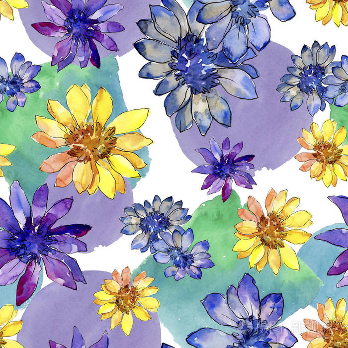 水彩五颜六色的非洲菊花花.花卉植物花.无缝的背景图案.
