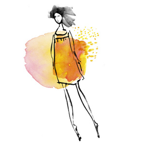 在太阳黄色的连衣裙概念的时尚女孩。水彩素描错觉