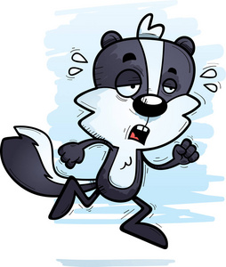 一个卡通插图, 一只雄性的臭鼬奔跑, 看起来筋疲力尽