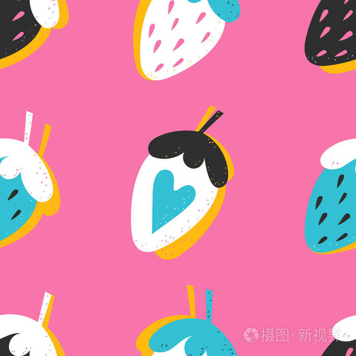 与手工绘制的粉红色背景草莓无缝模式.为时尚设计和印刷的矢量插图.