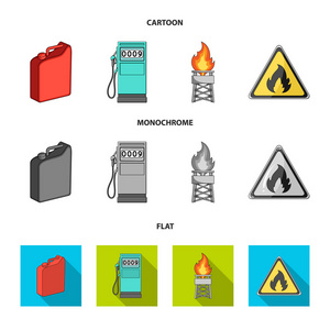 汽油罐, 加油站, 塔, 警示牌。集油图标在卡通, 平, 单色矢量符号股票插画网站