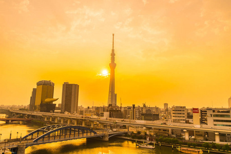 日本日出东京天空树上的美丽建筑