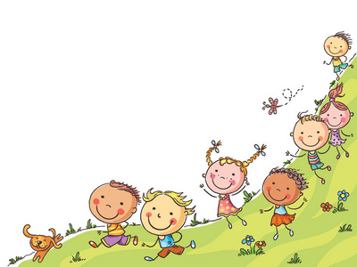 快乐卡通儿童运行, 矢量帧与复制空间, 丰富多彩照片