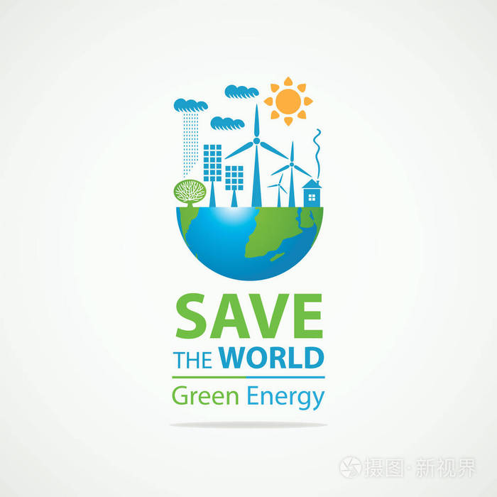 地球, 太阳能电池板, 风力涡轮机和文字安全世界, 绿色能源